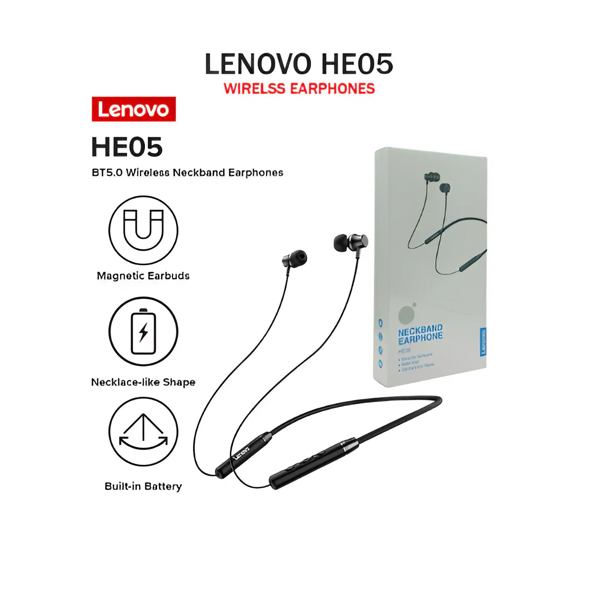 "Lenovo HE05 Neckband | Style, Sound & Durability"